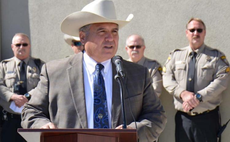 Sheriff Jess Ramos greets a crowd of about 250 during Wednesday’s grand opening for the Lampasas County Law Enforcement Center. MONIQUE BRAND | DISPATCH RECORD