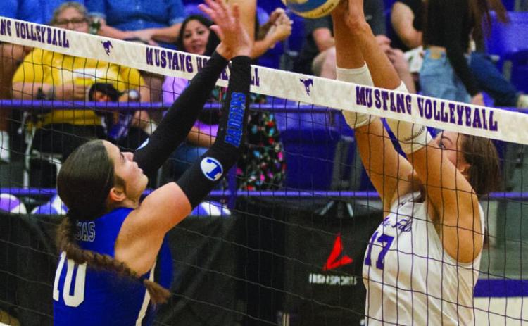 ANA SOFIA MEYER | DISPATCH RECORD Lampasas’ middle Ysa Swain, a senior, faced a tough matchup against Marble Falls’ senior middle, Amaris Mitchell-Ochoa.