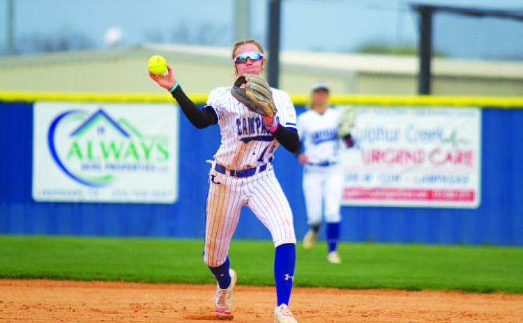 Aspen Wheeler throws across to first base from her shortstop position after fielding a ground ball. HUNTER KING | DISPATCH RECORD