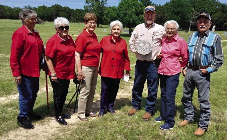 On hand to recognize the dedication of the historical medallion at Rock Church Cemetery are Lampasas County Historical Commission members, from left to right, Peggy Wolfe, Janie Potts, Lenora Isenhour and Clydell Wallace; Rock Church Cemetery Association President Cory Craft; Charlotte Myrick; and Allen Craft, cemetery association vice president. COURTESY PHOTO