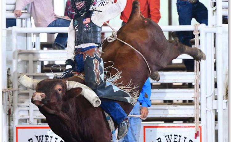 Rowdy Hughes rides a bull at the Texas Junior High Rodeo Association state finals in Gonzales. JENNINGS PHOTOGRAPHY | COURTESY PHOTO