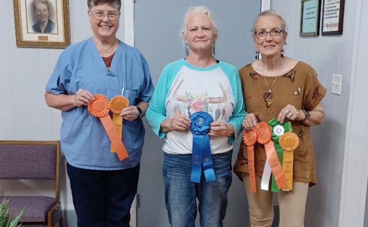 From left to right are Sue Anderson, Teresa Stewart and Tico Hicks, the big award winners at the 2024 L-M Garden and Civic Club Flower Show. courtes y photo