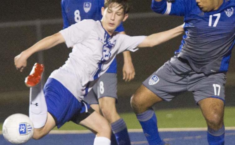 Cody Woods (2) prepares to score his third goal of the night in a shutout win over Jarrell. JEFF LOWE | DISPATCH RECORD