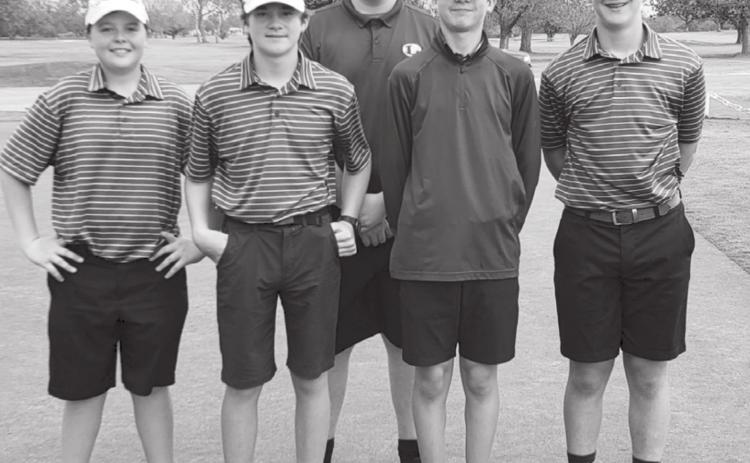 Lampasas Middle School golfers, left to right, Hagan Davis, Timber Goulson, Connor Alexander, Jax Pratus and Carter Toups teamed up for third place on Tuesday. DELANA TOUPS | COURTESY PHOTO