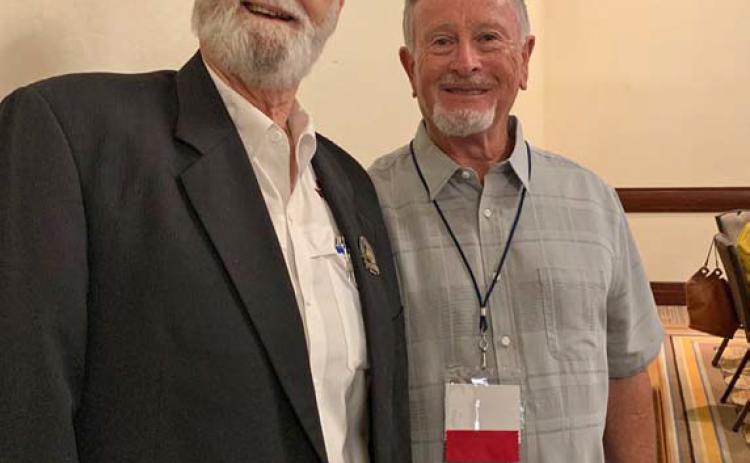 Charles Edwards, right, was inducted into the Agriculture Teachers Association of Texas Hall of Fame on July 26. He is pictured here with 2021 Hall of Fame inductee Dr. Steven “Doc” Forsythe at the honors reception. COURTESY PHOTO