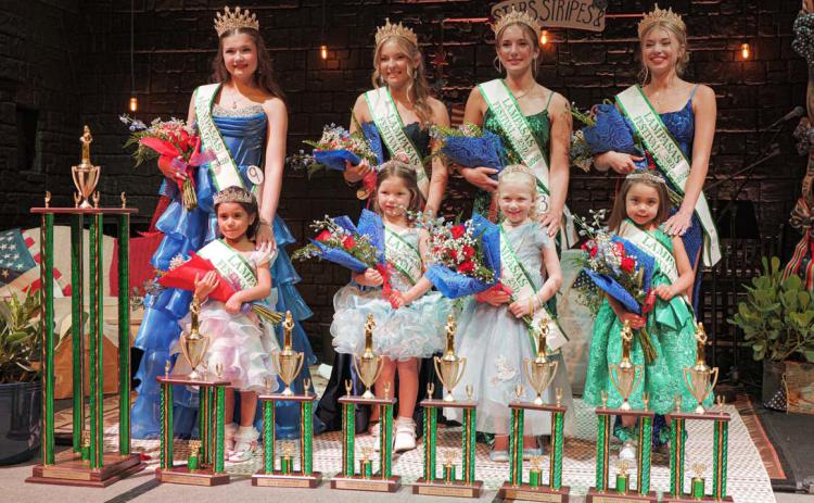 Members of the 2026 Spring Ho Court stand on stage after earning their crowns. The Little Miss Spring Ho Court, front row from left, includes Queen Auzi Rose Pena, first runner-up Marley Cottle, second runner-up Emma Cate Phillips and third runner-up Ellie Marquez. Behing the Little Miss Court is the 2026 Miss Spring Ho Court, from left, Queen Hallie Watson, first runner-up Tayler Sheard, second runner-up Gia Grasso and third runner-up Emerie Greenberg. ADAM BARRIOS | DISPATCH RECORD