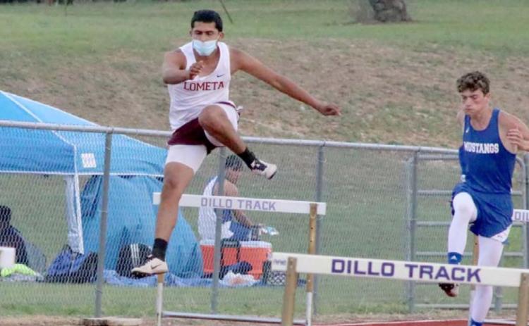 Luis Acevedo competes in the 300m hurdles at the District 17-A track meet on Tuesday, where he placed second in the event. EMILY ANDRADE | LOMETA ISD