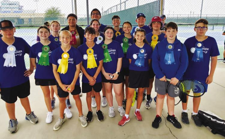 Middle school tennis players pose with their ribbons from last week’s district tournament. COURTESY PHOTO | LAINA WHITE