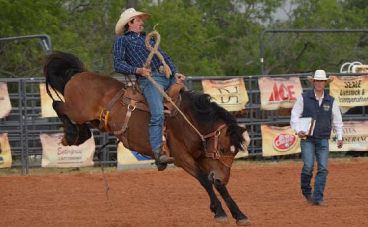 A bronc rider hangs on tight during the 2023 Riata Roundup Rodeo. File photo