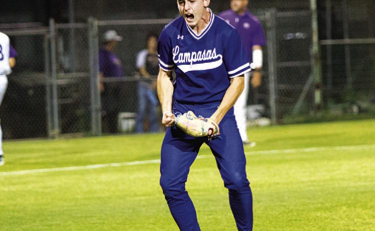 HUNTER KING | DISPATCH RECORD J.T. Posten yells as he celebrates a strikeout late in Friday’s win over Marble Falls.