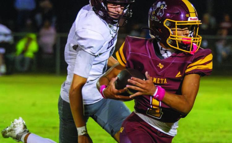Chris Hernandez hauls in a deep pass from Ulises Prado, picking up Lometa’s first new set of downs Oct. 2. Hernandez scored the Hornets’ lone touchdown of the game. ANA SOFIA MEYER | DISPATCH RECORD