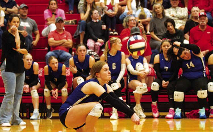 HUNTER KING | DISPATCH RECORD Kari Kepler goes down to dig out a ball during the match against Salado.