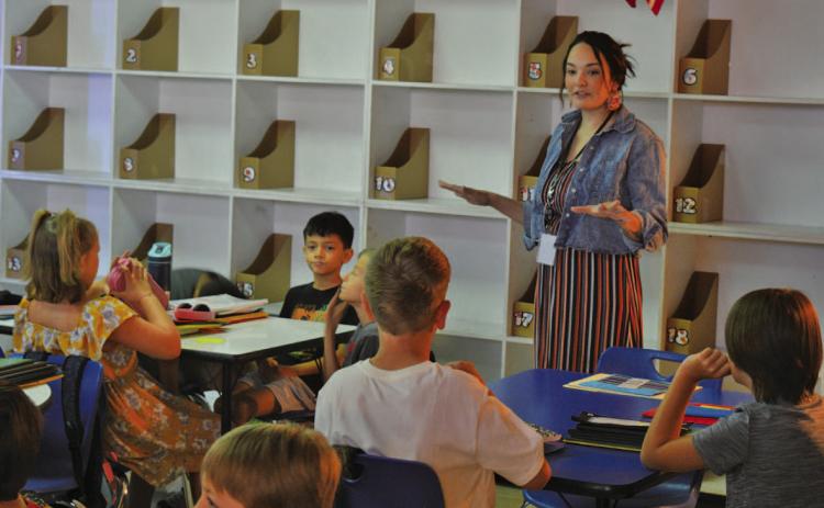 Kline Whitis Elementary School third-grade teacher Molly Arevalo leads class during the first day of school. ERICK MITCHELL | DISPATCH RECORD