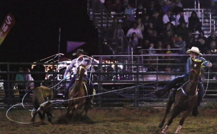 Carson Campbell and Will Edington compete in last Friday’s Team Roping contest during the Diamondback Jubilee Rodeo. MASON HINES | LAMPASAS DISPATCH RECORD