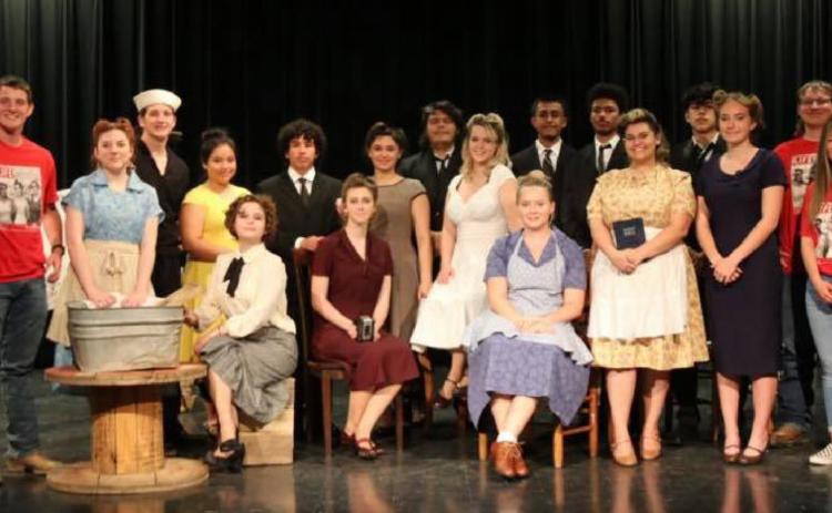 The Lometa One-Act Play qualified for the state competition. Lometa will perform May 1 at 10 a.m. at Corsicana High School’s Performing Arts Center. Special honorees at the regional contest were Jayme Wills, second from left; Phallon Jones, in white top and gray skirt – sitting next to wash tub; Adalee Hale, in white dress – standing near center of photo; and Douglas Thomas, second from right. COURTESY PHOTO