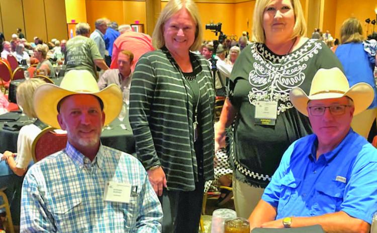 Lampasas County Farm Bureau directors attend a seminar on “Drought Planning Measures for Agriculturalists.” Pictured at top, left to right, are Farm Bureau director Janet Machen, Lampasas High School agriscience Instructor Judy Hail, and in front, Farm Bureau directors Stephen Ruzicka and Rusty Calk. COURTESY PHOTO