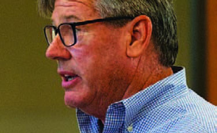 Developer Mike Irvin spoke to the Lampasas City Council last week during a town hall session to voice his opposition to an Ajinomoto Foods wastewater project planned in the downtown area. HUNTER KING | DISPATCH RECORD
