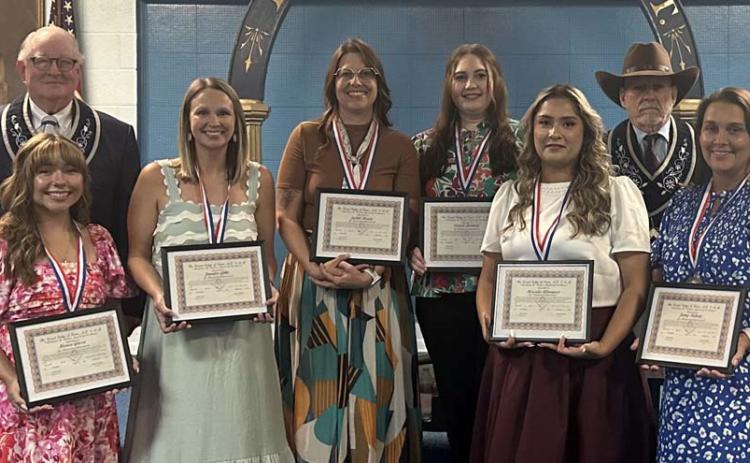Saratoga Masonic Lodge #546 AF&amp;AM awarded the 2026 Lamar Medals to six Lampasas County teachers. Pictured, left to right, are Mickey Edwards of Lodge #546; Monica Garza, Taylor Creek Elementary honoree; Jennifer Gibbs – Hanna Springs Elementary honoree; Judith Brown – Lampasas High School honoree; Lauren January – Lampasas Middle School honoree; Mercedes Almaguer – Lometa ISD; John Easler of Lodge #546; and Jenny Bowden Roberts – Kline Whitis Elementary honoree. COURTESY PHOTO