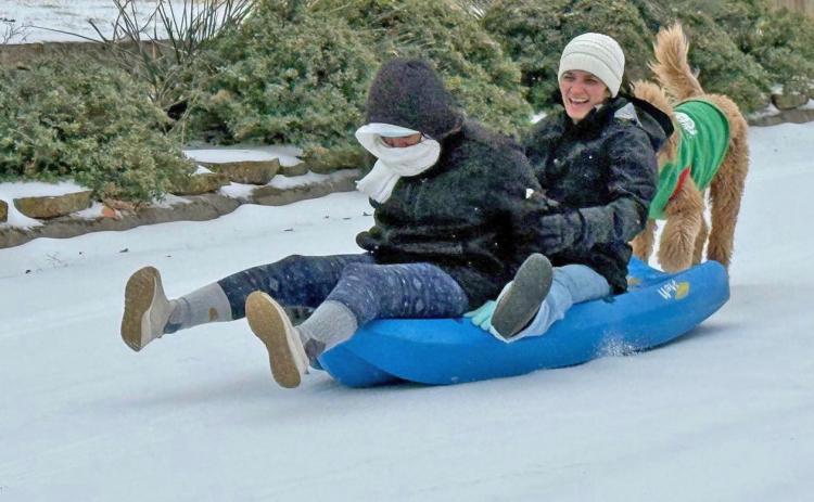 Lucy McCarville and Amaisha Rendon sled down North Avenue with Steel the poodle in tow. KIM JOHNSON | C0URTESY PHOTO