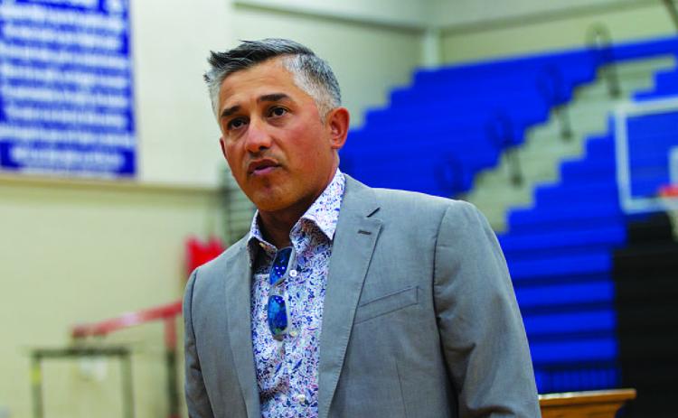 Marcus Chapa speaks to an audience as he was introduced as the new girls’ basketball coach at the annual basketball awards banquet on Wednesday night at Lampasas High School. HUNTER KING | DISPATCH RECORD